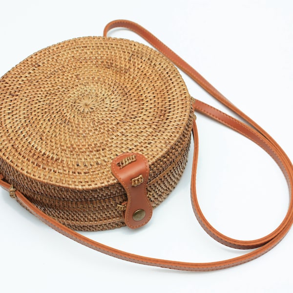 Handmade in Bali Round REAL Rattan Bag, Large 8" Diameter Round Straw Purse - Handwoven Shoulder purse - Boho Bag - Bohemian Crossbody