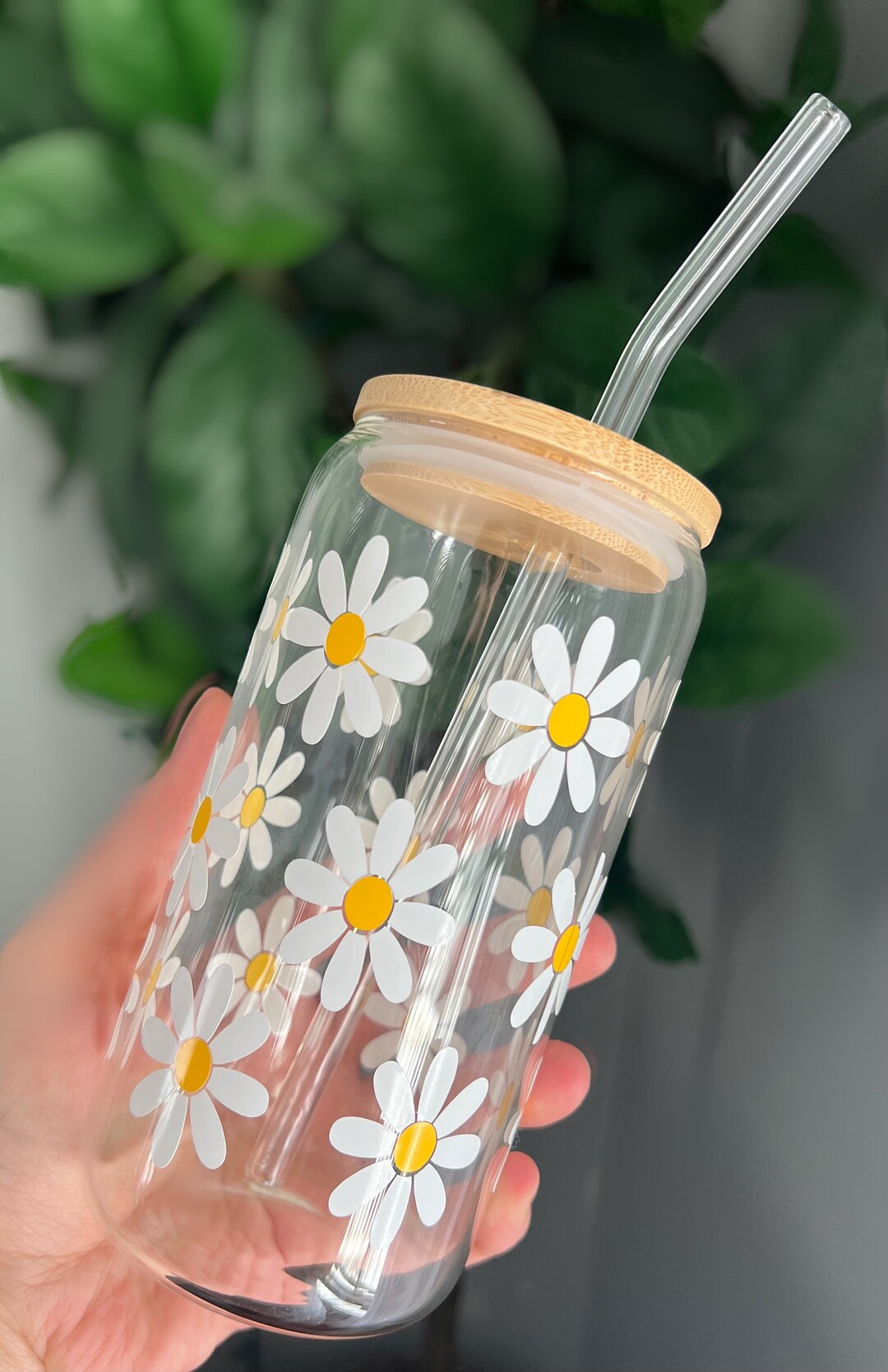 Iced Coffee Cup Daisy Flowers - Bamboo Lid & Glass Straw, Beer Can ...