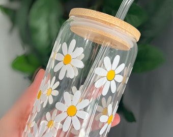 Iced Coffee Cup Daisy Flowers - Bamboo Lid & Glass Straw, Beer can glass cup, 16oz can