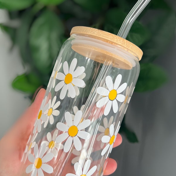 Iced Coffee Cup Daisy Flowers - Bamboo Lid & Glass Straw, Beer can glass cup, 16oz can