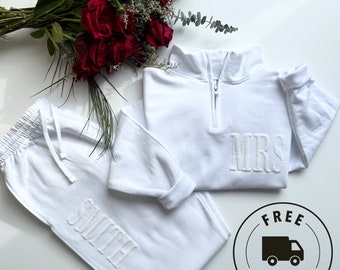 Bridal Gift Set, Mrs. Quarter Zip, New Mrs. Set, Mrs. Sweatshirt, Bride Sweatpants, New Mrs, Honeymoon Outfit, New Mrs.Joggers Puffed Custom