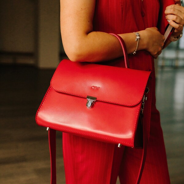 Leather Handbag Leather Red Shoulder Bag Unique Glossy Bag Crossbody Personalized Gift for Her Classic Elegant Genuine Leather Purse Woman