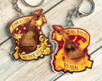 Jaskier Lute Key Ring, Double Sided - Toss a Coin to your Witcher / Burn Butcher, Burn
