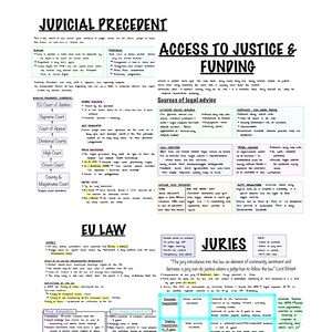 Puede incluir: Un gráfico colorido con texto sobre precedente judicial, acceso a la justicia y financiación, derecho de la UE y jurados. El gráfico está dividido en secciones con diferentes fondos de colores y texto.