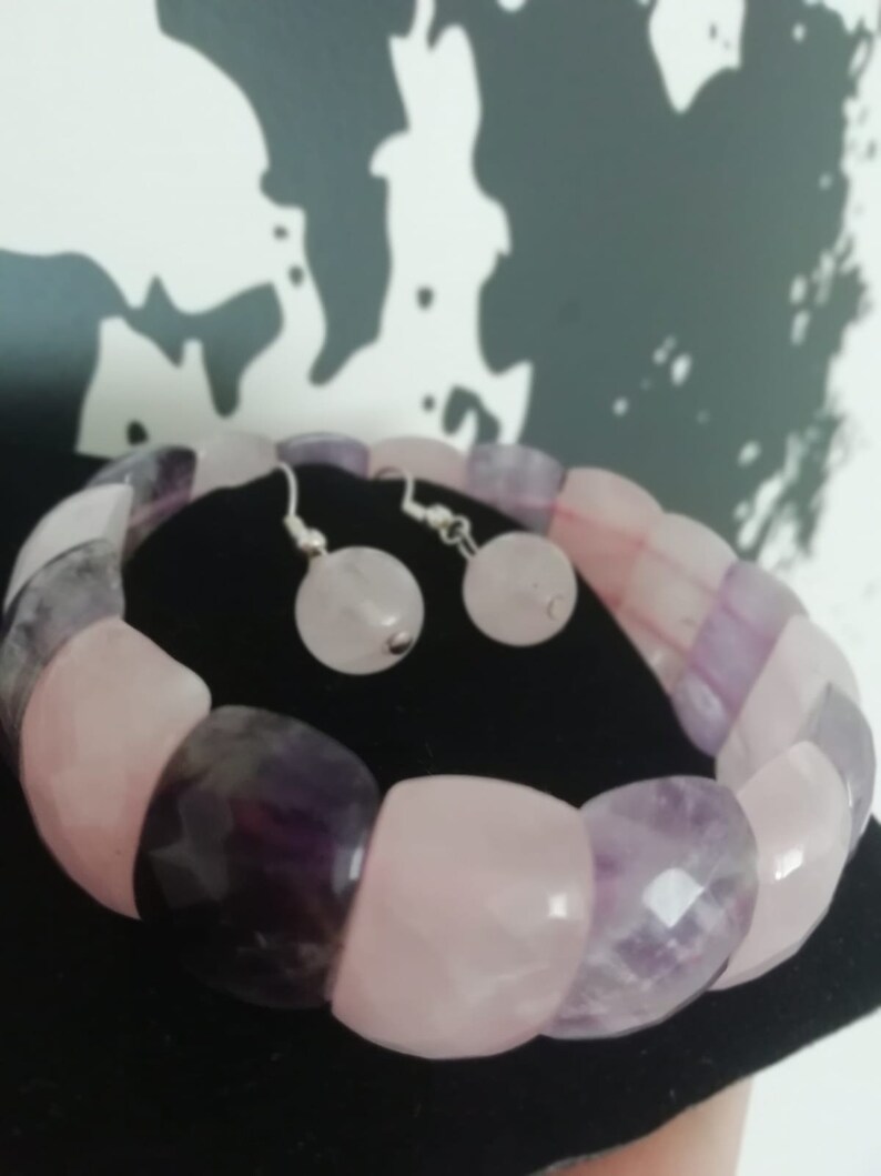 amethyst and rose quartz bracelet.rose quartz earring set