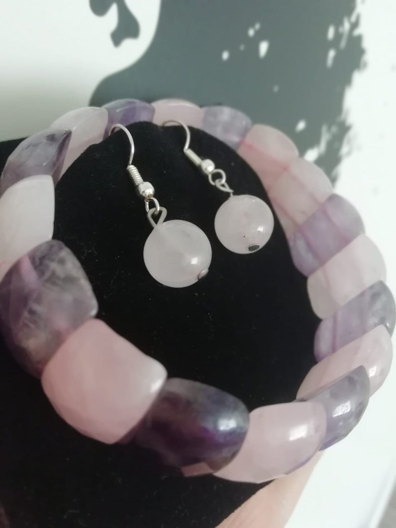amethyst and rose quartz bracelet.rose quartz earring set
