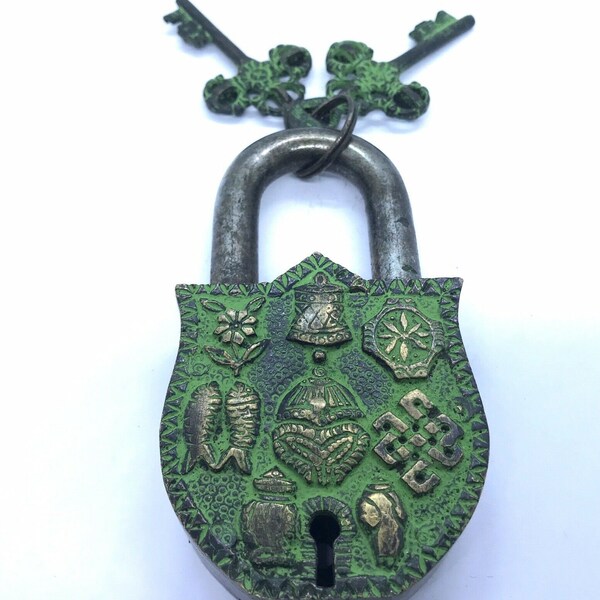 Vintage Tibet Buddhist 8 Auspicious Symbols Brass Lock PadLock 2