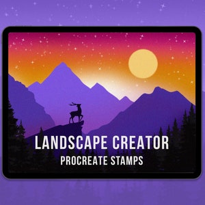 May include: A digital illustration of a purple mountain landscape with a deer standing on a peak. The sky is a gradient of orange, yellow, and pink with white stars. The text "LANDSCAPE CREATOR PROCREATE STAMPS" is displayed at the bottom of the image.