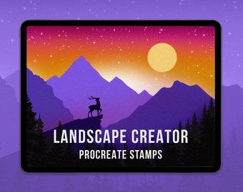 Procreate Landscape Creator brush set, Mountain stamp, deer, tree brushes stamp