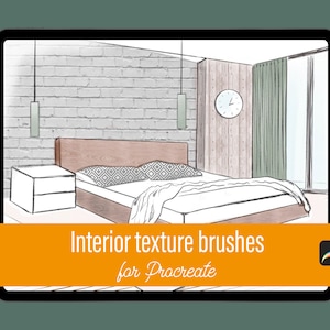 Może przedstawiać: Cyfrowa ilustracja wnętrza sypialni na tablecie. Obraz przedstawia łóżko, stolik nocny i ceglaną ścianę. Tekst na obrazie brzmi "Interior texture brushes for Procreate."