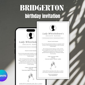 Animated Lady Whistledown Birthday invitation template, instant download Canva, 4 season
