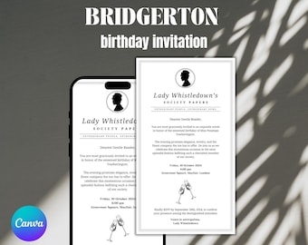 Plantilla de invitación de cumpleaños animada de Lady Whistledown, descarga instantánea Canva, 4 temporadas