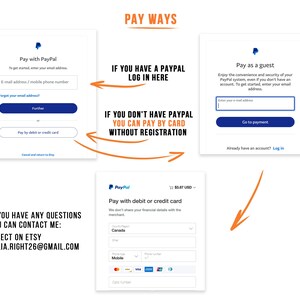 May include: A graphic showing different ways to pay for an Etsy purchase. The options include paying with PayPal, paying as a guest, and paying with a debit or credit card. The graphic also includes contact information for the seller.