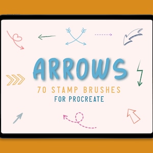 Puede incluir: Una tableta digital muestra una colección de pinceles de sellos de flechas. La palabra "ARROWS" está en letras grandes y azules. El texto debajo dice "70 STAMP BRUSHES FOR PROCREATE". Varios diseños de flechas de diferentes colores están dispersos.
