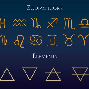 May include: A set of gold zodiac icons and elements symbols on a dark blue background. The icons include the symbols for Aries, Taurus, Gemini, Cancer, Leo, Virgo, Libra, Scorpio, Sagittarius, Capricorn, Aquarius, and Pisces. The elements symbols include the symbols for fire, earth, air, and water.