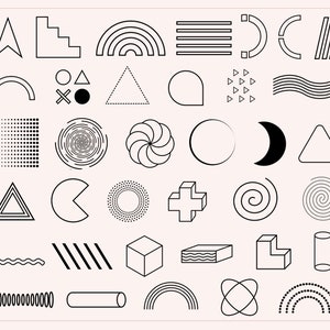 May include: A set of 36 black and white geometric shapes, including circles, squares, triangles, and lines. These shapes can be used for design projects, such as creating patterns, backgrounds, or illustrations.