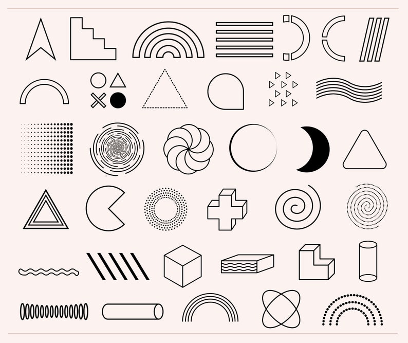 May include: A set of 36 black and white geometric shapes, including circles, squares, triangles, and lines. These shapes can be used for design projects, such as creating patterns, backgrounds, or illustrations.