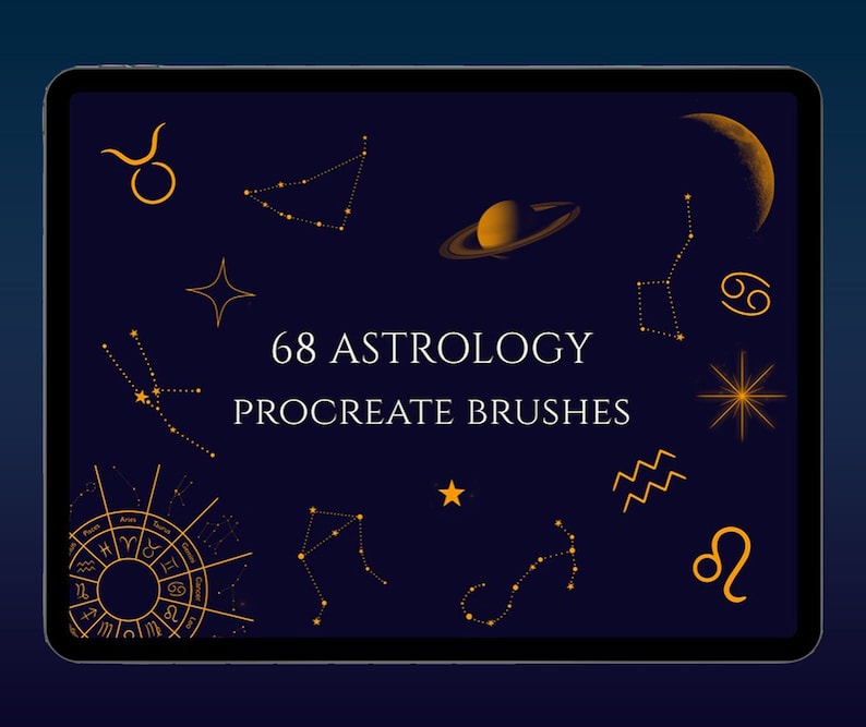 May include: A digital illustration of 68 astrology themed Procreate brushes on a dark blue background. The brushes include zodiac signs, constellations, stars, and planets.