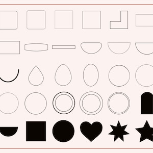 May include: A set of 30 black and white geometric shapes, including squares, rectangles, circles, ovals, stars, hearts, and more. The shapes are outlined in black and some are filled in with black.