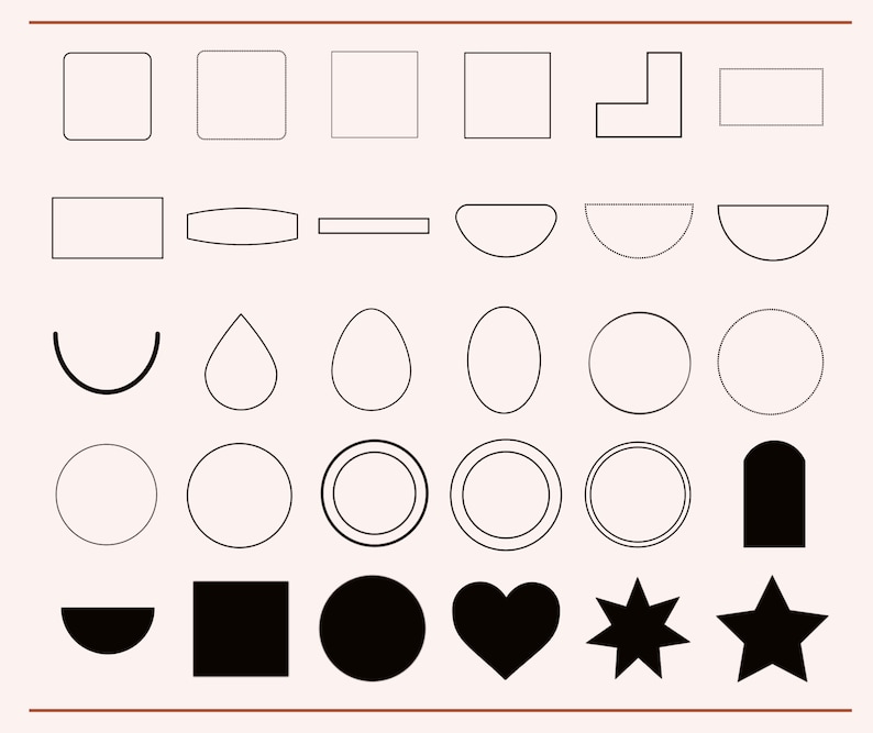 May include: A set of 30 black and white geometric shapes, including squares, rectangles, circles, ovals, stars, hearts, and more. The shapes are outlined in black and some are filled in with black.