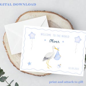 Tarjeta de anuncio de bebé personalizada e imprimible: Bienvenido al mundo, tarjeta digital de anuncio de bebé, acuarela, plantilla editable de Canva