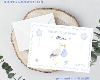Personalized Baby Boy Announcement Card: Watercolor Stork (Canva Editable Template)
