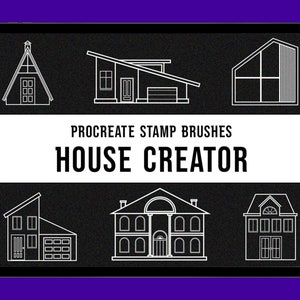 Puede incluir: Un conjunto de pinceles de sello Procreate para crear casas. Los pinceles incluyen una variedad de estilos, desde modernos hasta tradicionales. El texto "House Creator" se muestra en la imagen.
