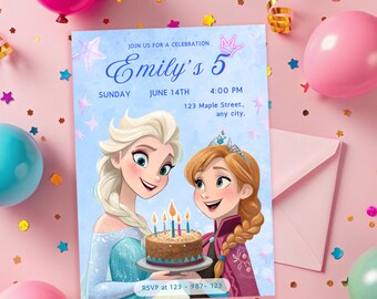 Elsa Frozen Birthday Invitation: Girl's Five Birthday, Editable Canva Template (Digital Download)
