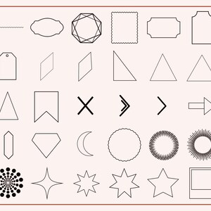 May include: A set of 30 black and white line art design elements, including geometric shapes, arrows, stars, and frames. These elements can be used for creating logos, branding, website design, and more.