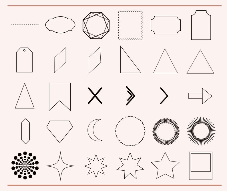 May include: A set of 30 black and white line art design elements, including geometric shapes, arrows, stars, and frames. These elements can be used for creating logos, branding, website design, and more.
