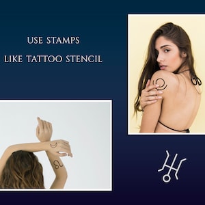 May include: Three images showing how to use stamps like a tattoo stencil. The first image shows a person with a crescent moon and a lion tattoo on their arm. The second image shows a person with a circle tattoo on their shoulder. The third image shows a stylized tattoo design of a symbol.