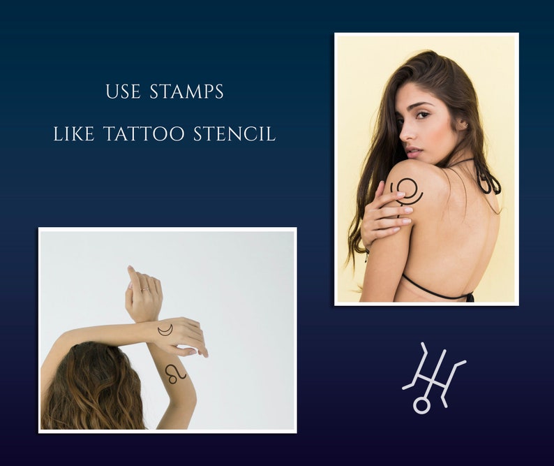 May include: Three images showing how to use stamps like a tattoo stencil. The first image shows a person with a crescent moon and a lion tattoo on their arm. The second image shows a person with a circle tattoo on their shoulder. The third image shows a stylized tattoo design of a symbol.