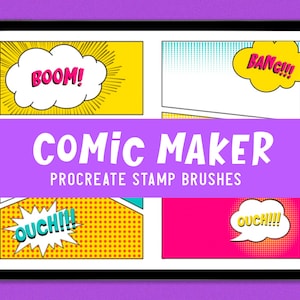 Puede incluir: La pantalla de una tableta digital muestra un conjunto de pinceles de sello de estilo cómic para la aplicación Procreate. Los pinceles incluyen burbujas de diálogo con las palabras "BOOM!" "BANG!!" "OUCH!!!" y "OUCH!!!" en diferentes colores y estilos.