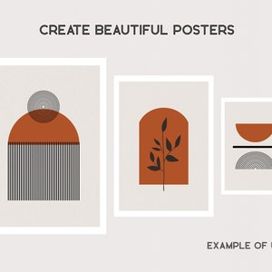 May include: Three minimalist posters with geometric shapes and a branch with leaves in shades of brown and black on a cream background. The text "CREATE BEAUTIFUL POSTERS" is at the top of the image and "EXAMPLE OF USE" is at the bottom.