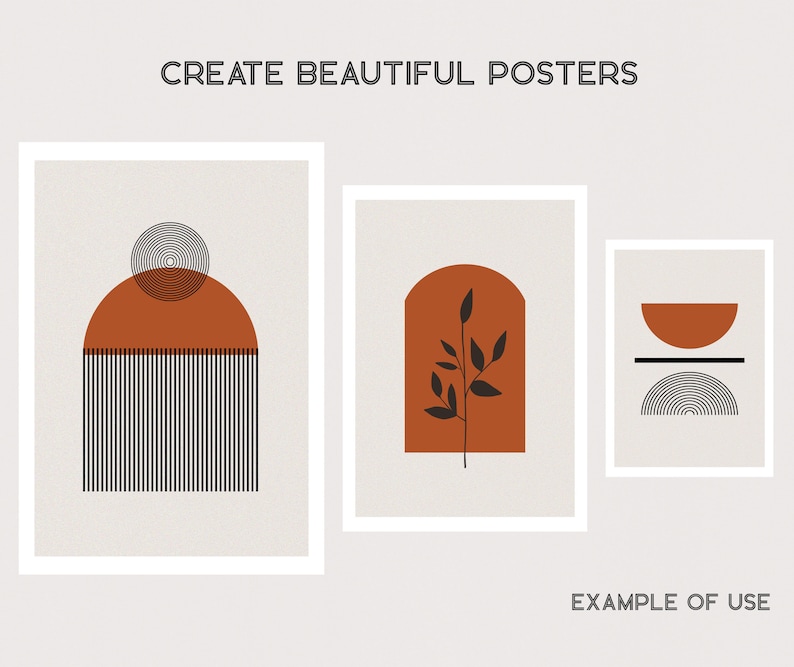 May include: Three minimalist posters with geometric shapes and a branch with leaves in shades of brown and black on a cream background. The text "CREATE BEAUTIFUL POSTERS" is at the top of the image and "EXAMPLE OF USE" is at the bottom.