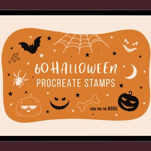 60 Halloween Procreate-stempelborstels, pompoenstempels, Halloweencitaten, spook, magie