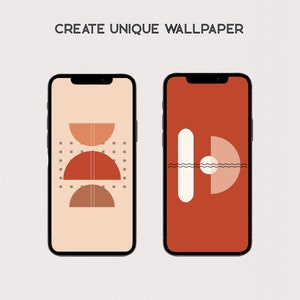 May include: Two phone screen mockups with abstract geometric designs. The first phone screen has a peach background with three overlapping semi-circles in shades of brown, orange, and red. The second phone screen has a red background with a white rectangle and a peach semi-circle.