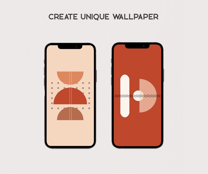May include: Two phone screen mockups with abstract geometric designs. The first phone screen has a peach background with three overlapping semi-circles in shades of brown, orange, and red. The second phone screen has a red background with a white rectangle and a peach semi-circle.