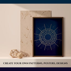 May include: A gold zodiac wheel with constellations and symbols on a dark blue background. The wheel is framed in a brown frame and is displayed on a white surface.