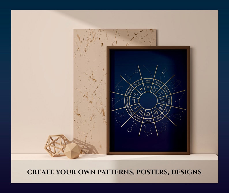 May include: A gold zodiac wheel with constellations and symbols on a dark blue background. The wheel is framed in a brown frame and is displayed on a white surface.