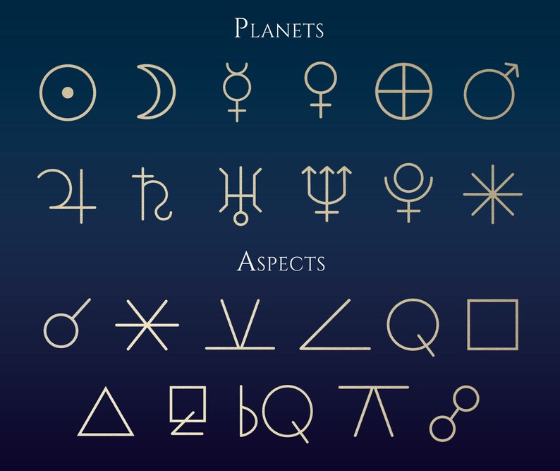 May include: A chart of astrological symbols, with the planets and aspects labeled. The symbols are outlined in white against a dark blue background.