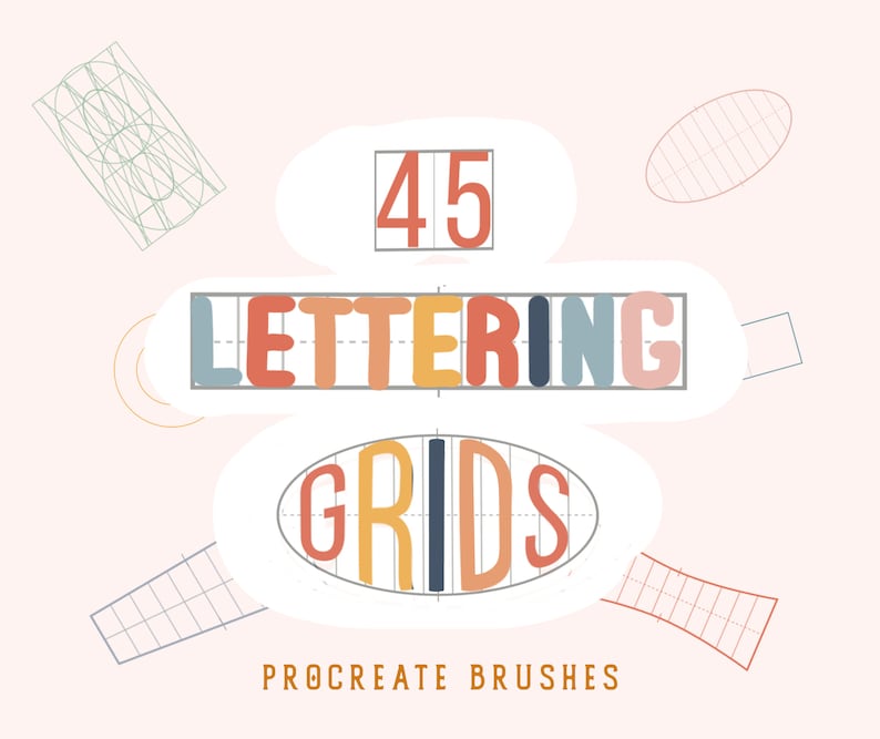 May include: 45 Lettering Grids Procreate Brushes. A set of 45 digital brushes for Procreate, featuring grids for lettering. The image shows a colorful illustration of the word "lettering" and the word "grids" with a grid overlay.