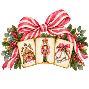 May include: A watercolor illustration featuring three rectangular cards arranged horizontally. The left card shows a gingerbread house, the center a nutcracker, and the right a pair of ice skates. A large red and white striped bow sits above.