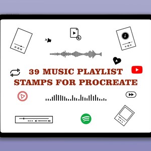 以下が含まれることがあります： デジタルタブレットには、Procreate用の39個の音楽プレイリストスタンプが表示されています。スタンプには、音楽プレーヤーのアイコン、音波、ソーシャルメディアのロゴが白黒で表示され、緑色のSpotifyロゴと赤色のYouTubeロゴが付いています。