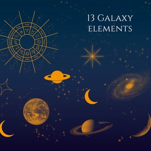 May include: A dark blue background with gold stars and celestial elements, including a zodiac wheel, planets, moons, and a galaxy. The text "13 GALAXY ELEMENTS" is at the top of the image.