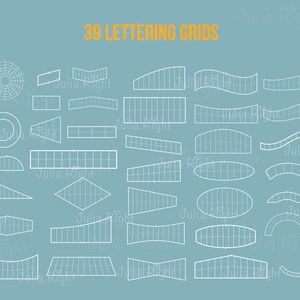 May include: A set of 39 white lettering grids on a light blue background. The grids are in various shapes, including circles, ovals, squares, rectangles, triangles, and curved shapes. The grids are designed to help with lettering and calligraphy.