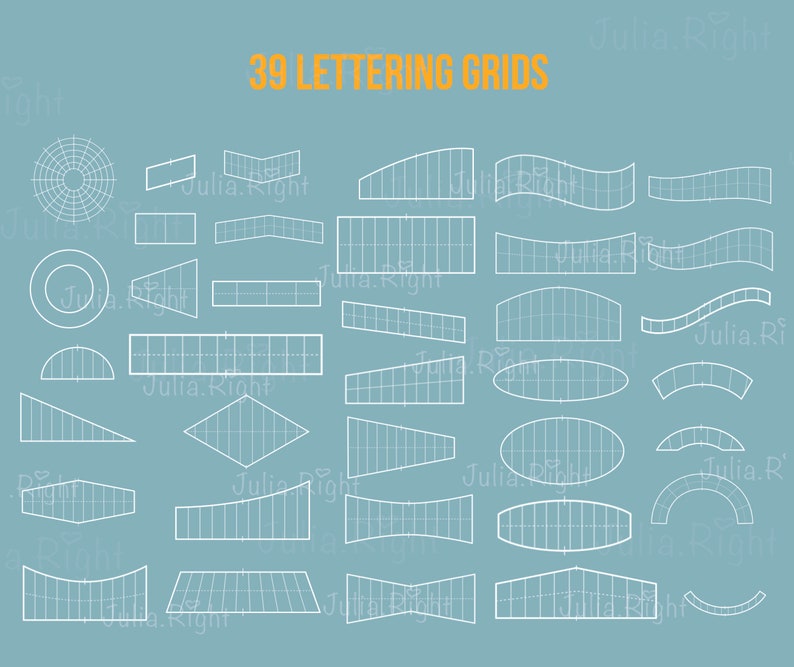 May include: A set of 39 white lettering grids on a light blue background. The grids are in various shapes, including circles, ovals, squares, rectangles, triangles, and curved shapes. The grids are designed to help with lettering and calligraphy.
