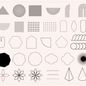 May include: A set of 30 black and white geometric shapes, including circles, squares, triangles, and other abstract designs. These shapes can be used for graphic design, web design, or other creative projects.