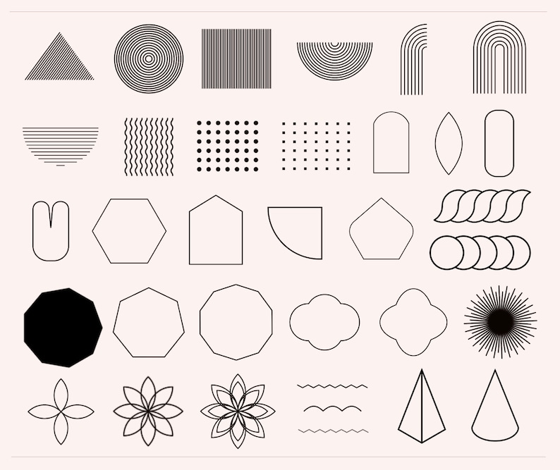 May include: A set of 30 black and white geometric shapes, including circles, squares, triangles, and other abstract designs. These shapes can be used for graphic design, web design, or other creative projects.