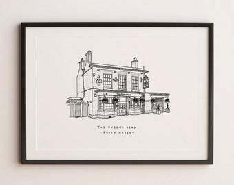 The Queens Head, Brook Green - London Pub Fine Line Print - Architectural Illustration